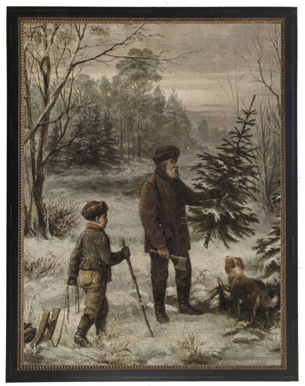 Vintage oil reprodution of a christmas tree cutting