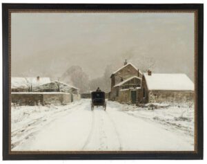 Vintage oil reprodution of a Christmas village snowy scene