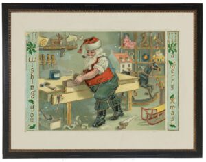 Vintage postcard with Santa in a workshop
