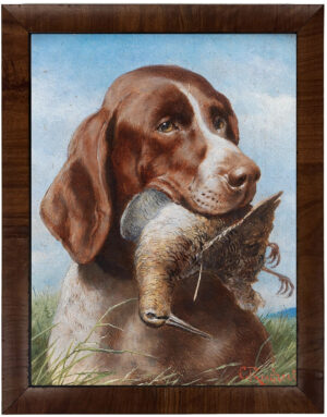 Vintage hunting dog and bird oil reproduction