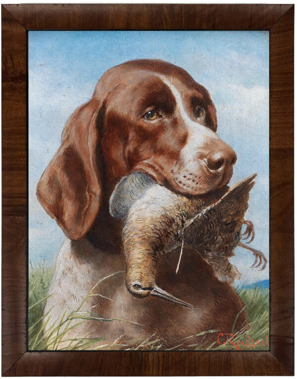Vintage hunting dog and bird oil reproduction