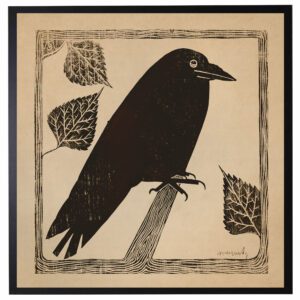 Vintage Raven wood carving print on a distressed background