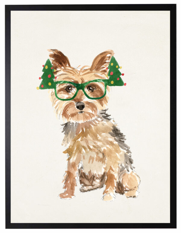 Watercolor Yorkie with christmas glasses