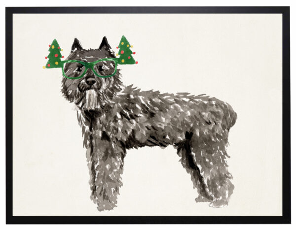 Watercolor Bouvier des Flandres with christmas glasses