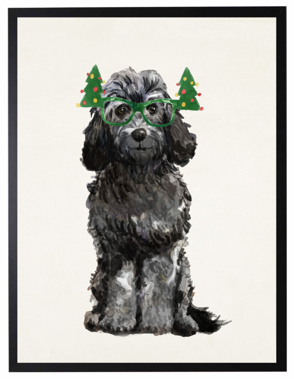 Watercolor Black Cockapoo with christmas glasses