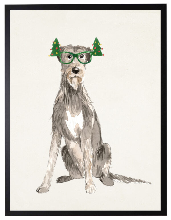 Watercolor Irish Wolfhound with christmas glasses