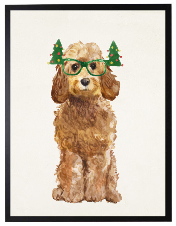 Watercolor Brown Cockapoo with christmas glasses