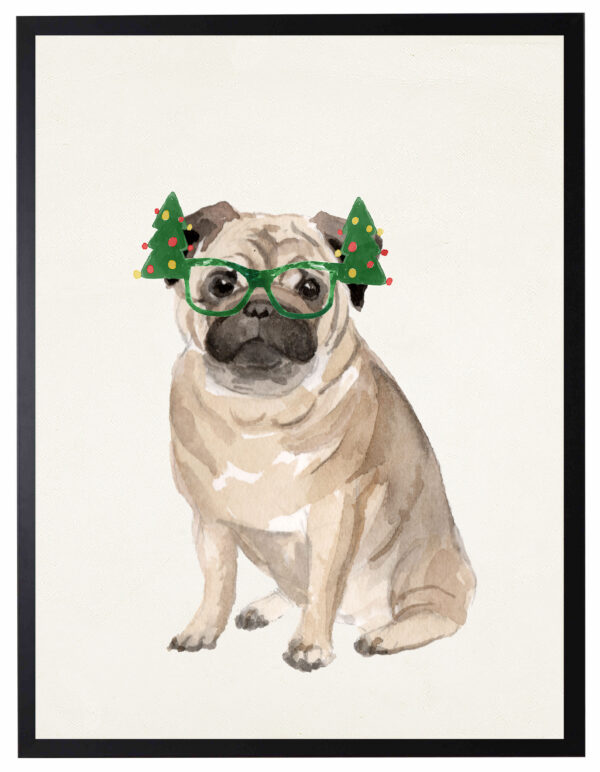 Watercolor Pug with christmas glasses