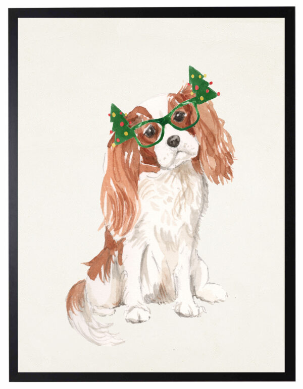 Watercolor King Charles with christmas glasses
