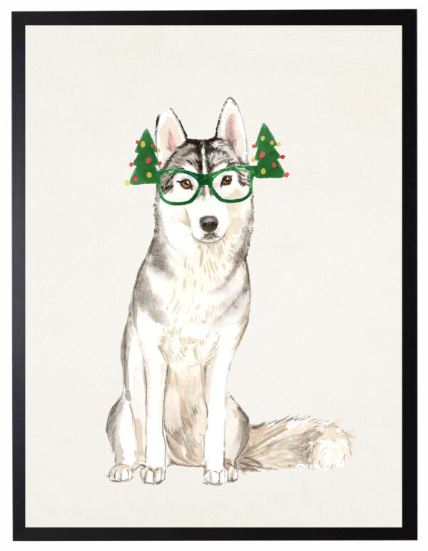 Watercolor Siberian Husky with christmas glasses