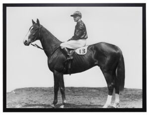 Vintage black and white photograph of a horse and jockey