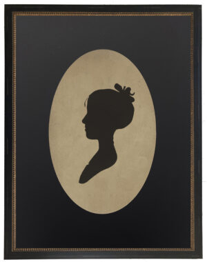 Vintage black female silhouette on a distressed background with a black oval mat