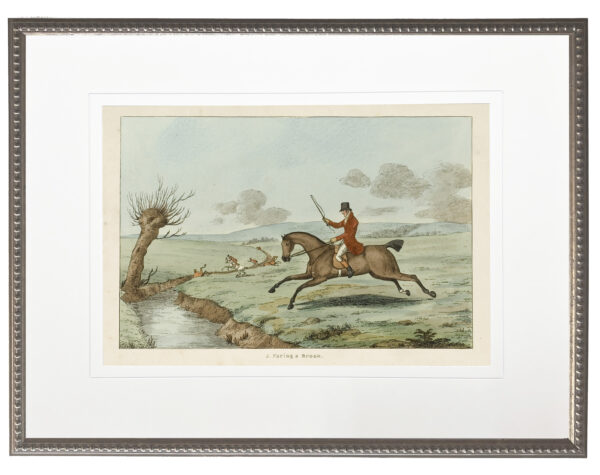 Vintage painting of a horse and rider matted in cream