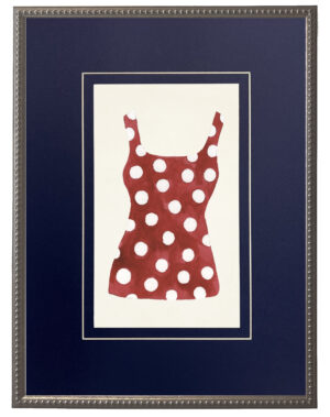 Red and White Polka Dot Bathing Suit matted in navy blue