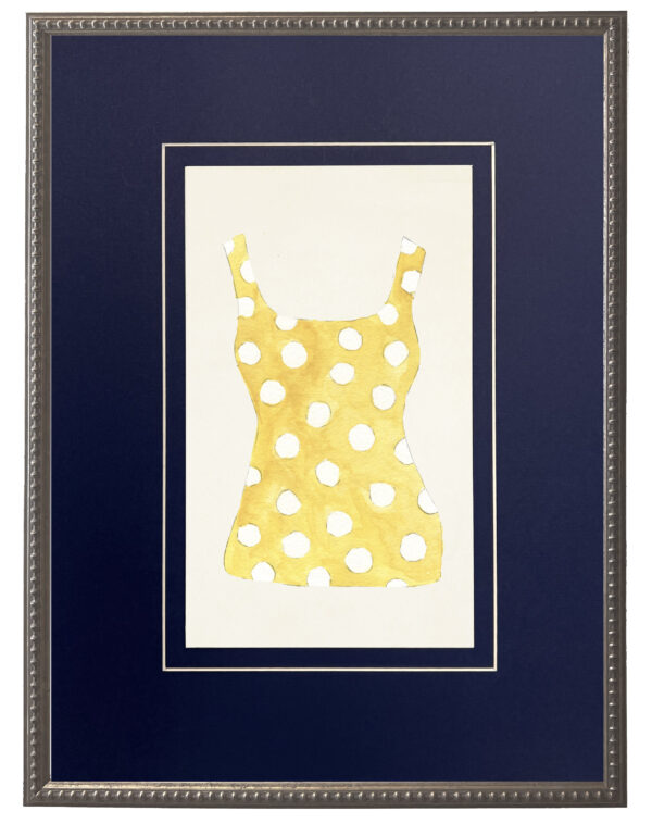 Yellow and White Polka Dot Bathing Suit matted in navy blue