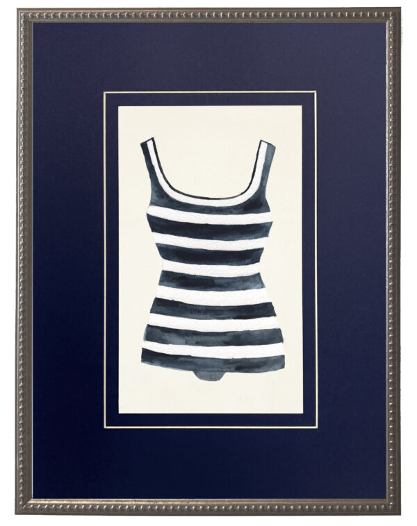 Blue and White Striped Bathing Suit matted in navy blue