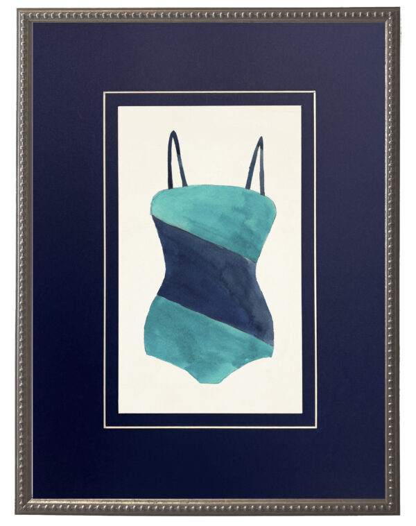 Teal and Navy Diagonal Strip Bathing Suit matted in navy blue