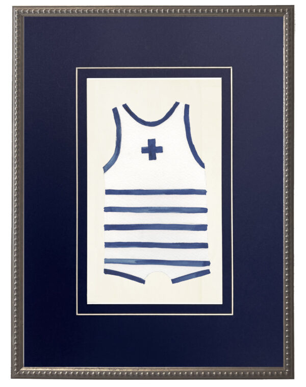 White with navy strip/cross mens one piece matted in navy blue
