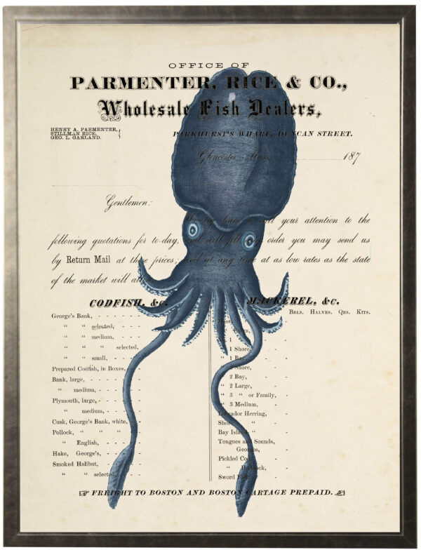 Vintage watercolor octopus in navy on a wholesale fish market book page