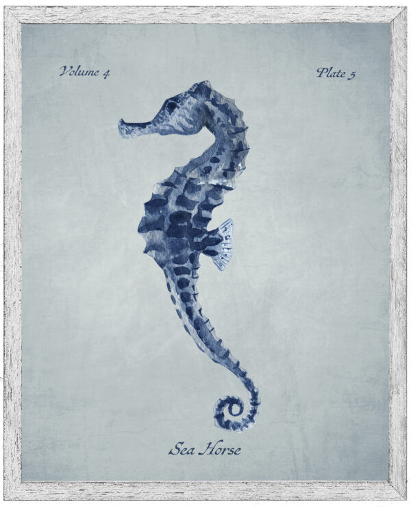 Navy seahorse on a pale blue distressed background