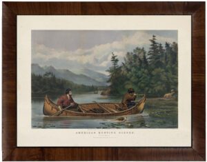 Vintage hunt scene in a canoe on a distressed background