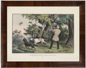 Vintage hunt scene with dogs on a distressed background