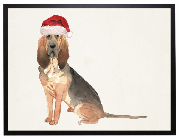 Watercolor Bloodhound with santa hat