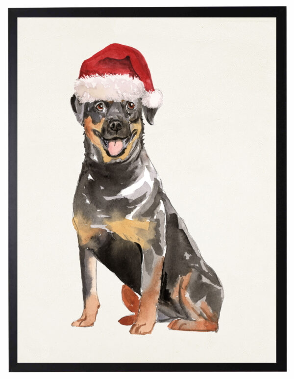 Watercolor Rottweiler with santa hat