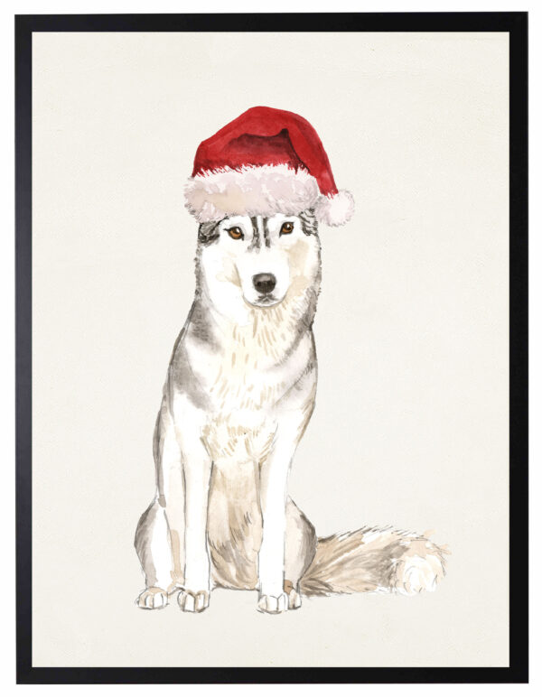Watercolor Husky with santa hat
