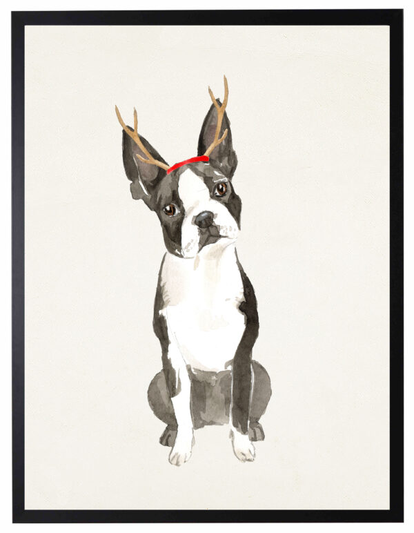 Watercolor Boston Terrier with antlers