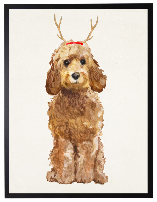 Watercolor brown Cockapoo with antlers