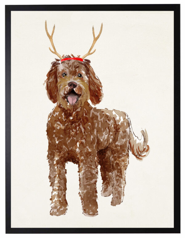Watercolor Labradoodle with antlers