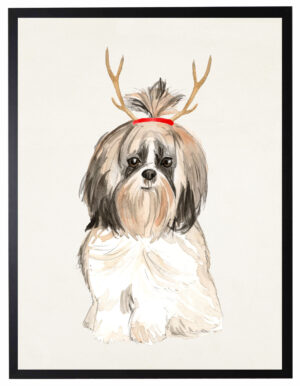Watercolor Shih Tzu with antlers