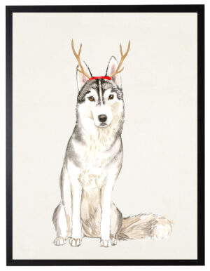 Watercolor Husky with antlers