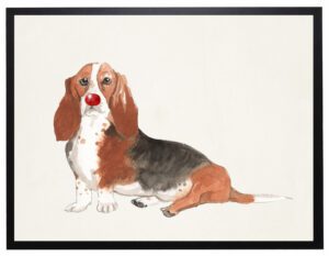 Watercolor Bassett Hound with rudolph nose