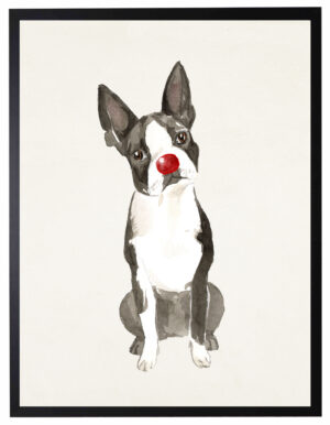 Watercolor Boston Terrier with rudolph nose