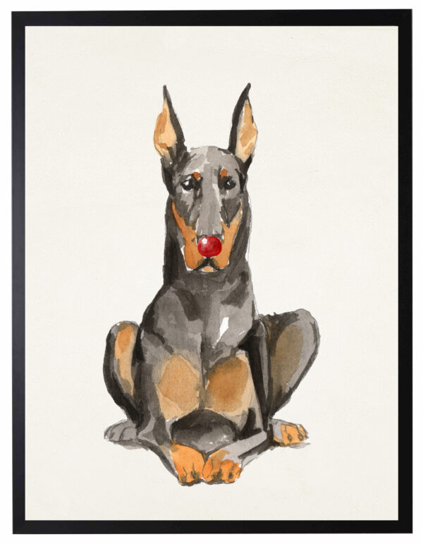 Watercolor Dobermann with rudolph nose