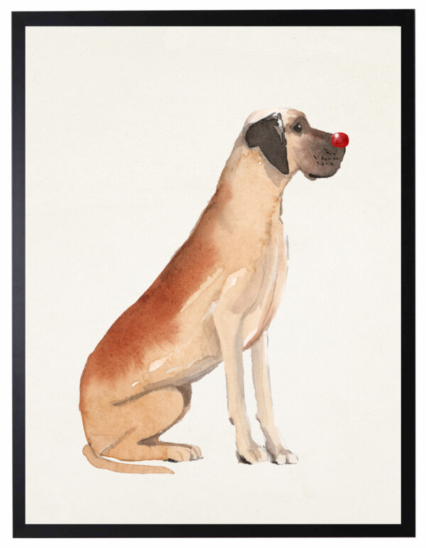 Watercolor Great Dane with rudolph nose