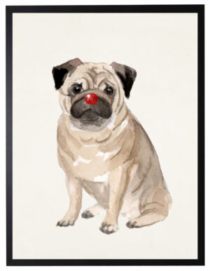 Watercolor Pug with rudolph nose