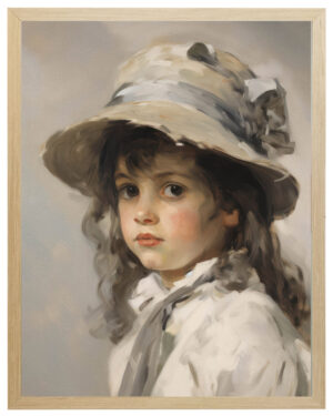 Vintage oil reproduction of a girl in a hat with a grey ribbon
