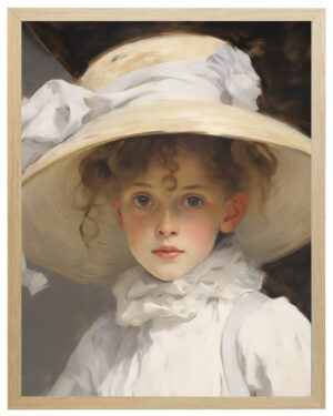 Vintage oil reproduction of a girl in a big hat with a ribbon