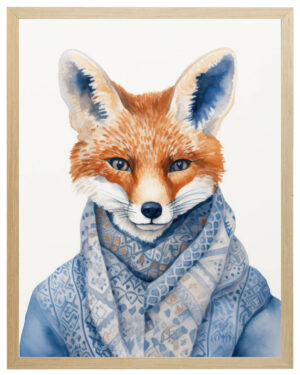 Painting of a fox dressed in a blue coat