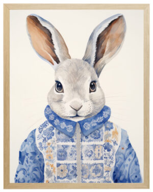 Painting of a bunny dressed in a blue coat