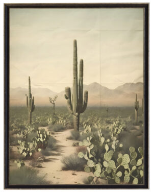 Vintage western scene poster reproduction with cacti