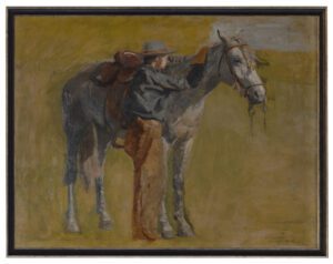 Vintage oil painting reproduction of a horse and cowboy