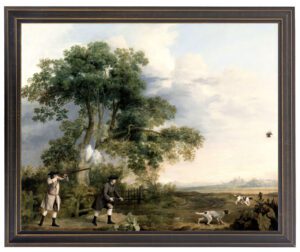 Vintage oil reproduction of men hunting
